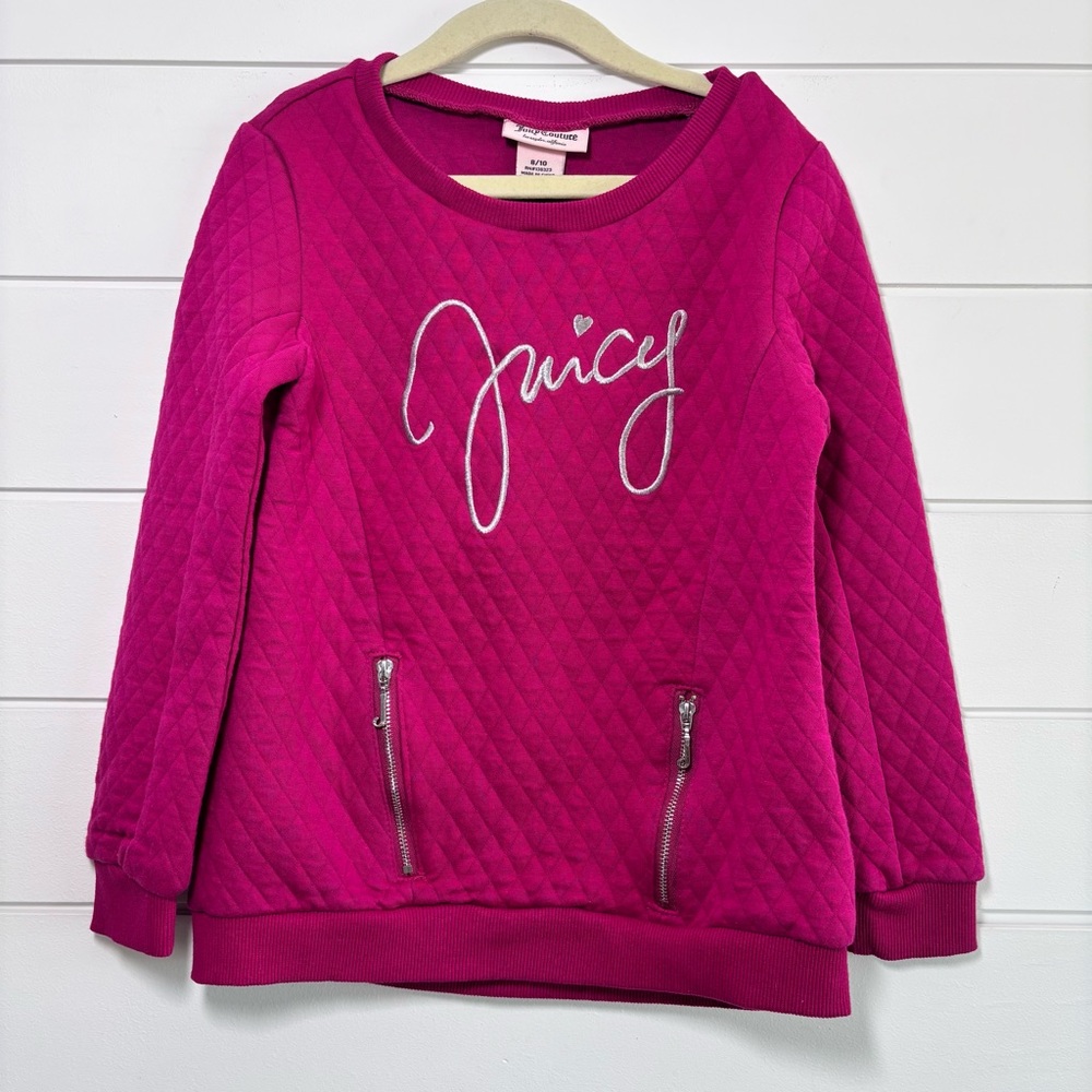Juicy Couture Hot Pink Quilted Logo Long Sleeve Sweater 8/10 Zippered Pockets